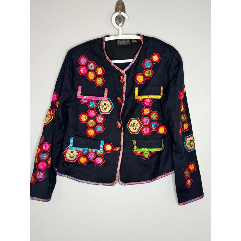 Vintage Bee‎ Honeycomb Embroidered Jacket Petite M Boho Art Blazer - Picture 4 of 9